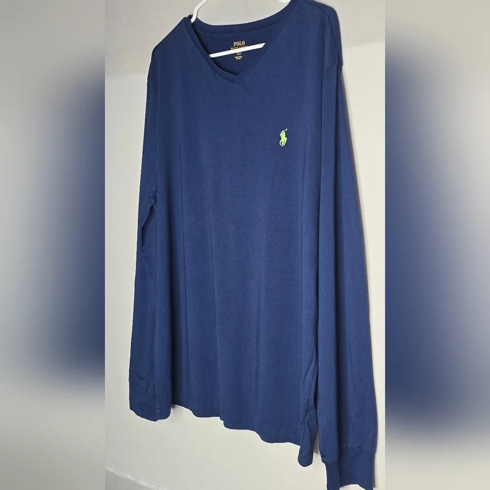 Polo Ralph Lauren Long Sleeve Blue/Lime Green Horse V-Neck Men's Large T-Shirt